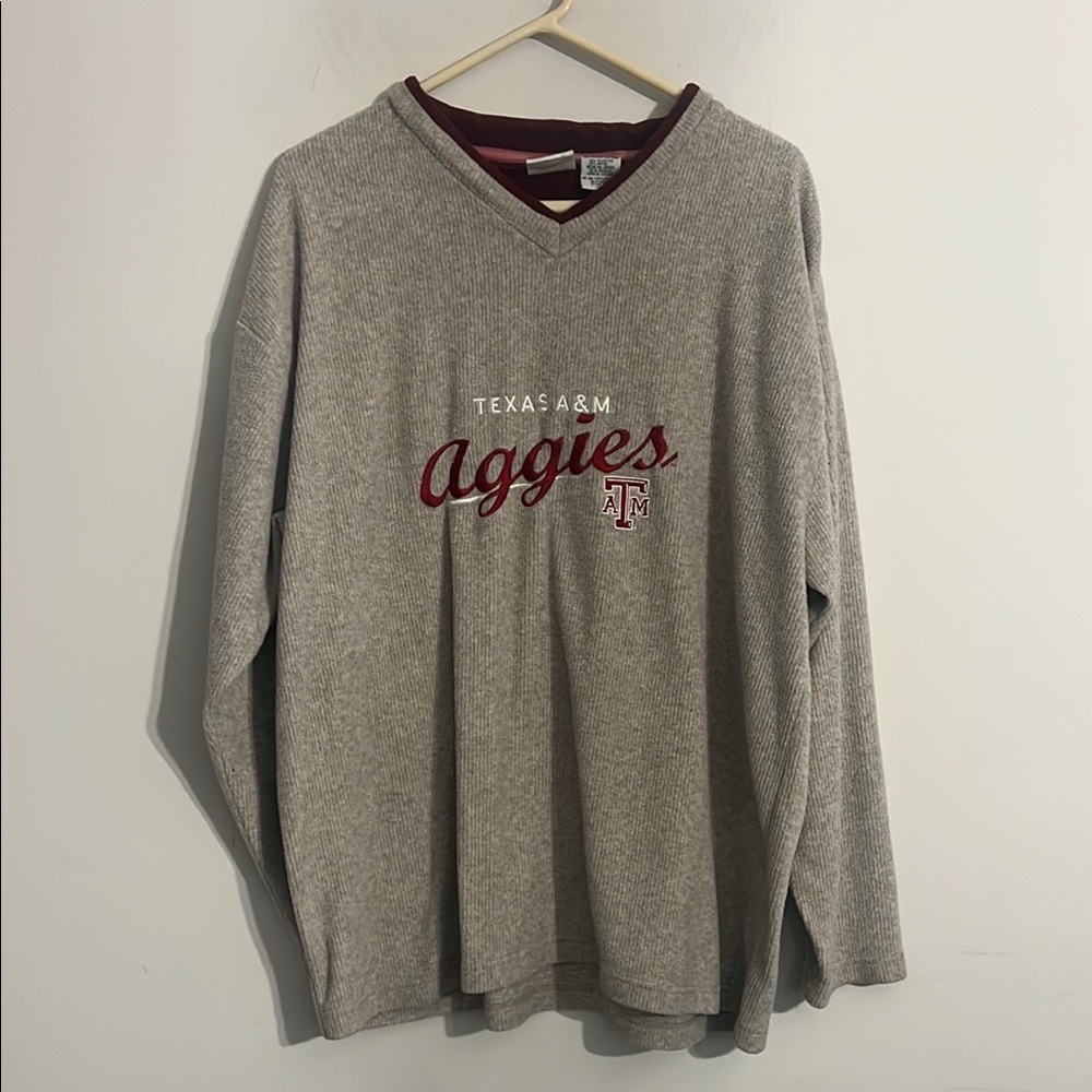 Gray V-Neck Sweater with Aggies Print